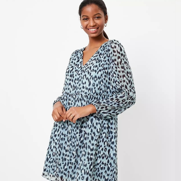 LOFT NWT Leopard Animal print v-neck swing dress Long Sleeves size medium - Picture 1 of 11
